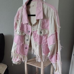 POL Pink and Cream Frayed Jean Jacket